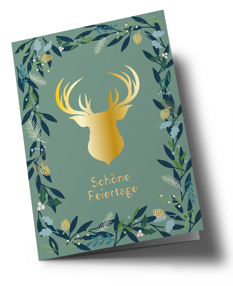 Klappkarte C6 - Toni Starck - Hirsch grün, Schöne Feiertage Klappkarte C6 - Toni Starck - Hirsch grün, Schöne Feiertage