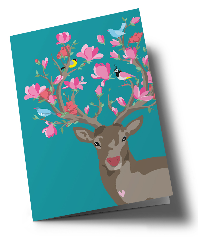 Klappkarte C6 - Happiness - Deer with Flowers