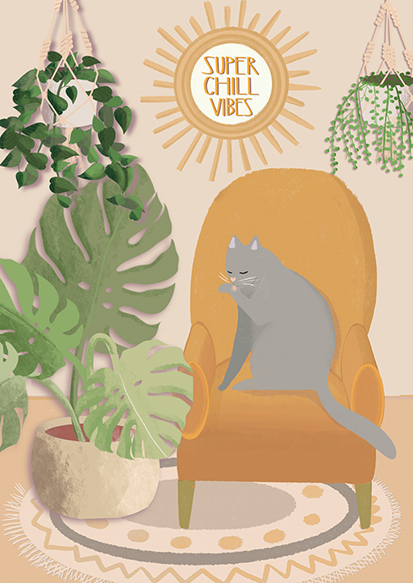 Postkarte - Toni Starck - Super chill vibes - Katze gelber Sessel