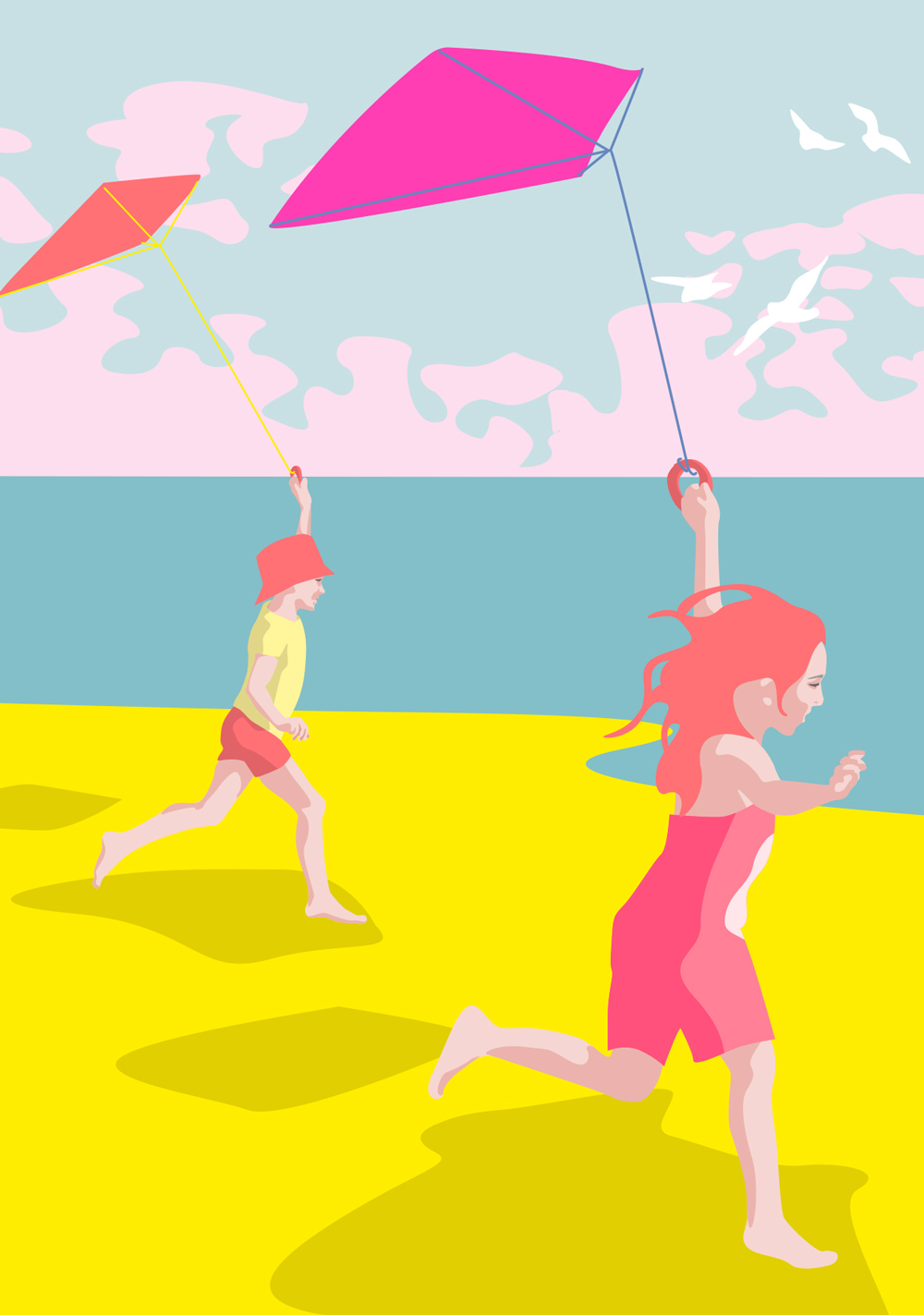 Postkarte - luminous - Kinder mit Drachen am Strand