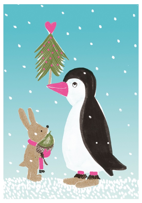 Postkarte - schönegrüsse - Pingu mit Hasenfreund