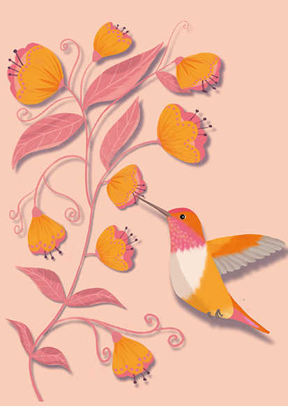 Postkarte - Toni Starck - Kolibri mit gelben Blumen