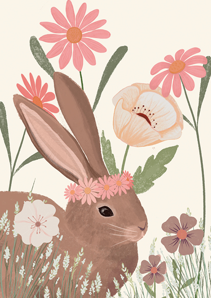 Postkarte - Toni Starck - Hase mit Blumenkranz