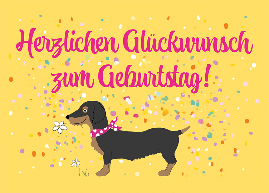 Postkarte - m-illu - Rauhaardackel Glückwunsch gelb Postkarte - m-illu - Rauhaardackel Glückwunsch gelb