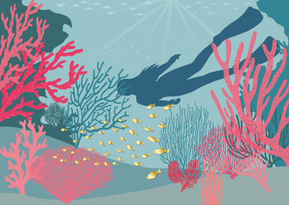 Postkarte - Toni Starck - Diver in corals