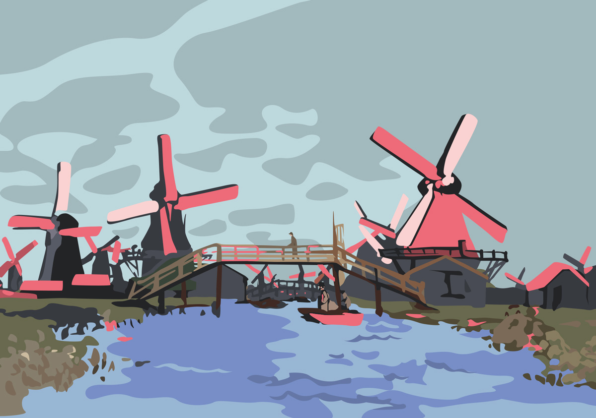 Postkarte - Monet, Windmills near Zaandam, 1871