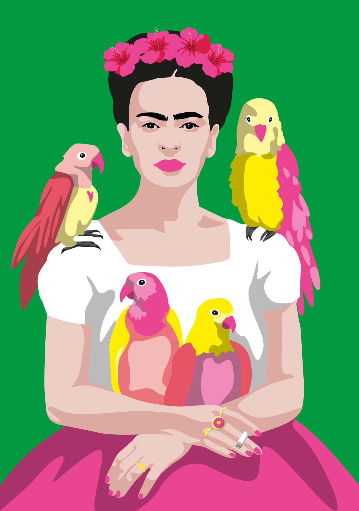 Postkarte - Frida mit Vögeln