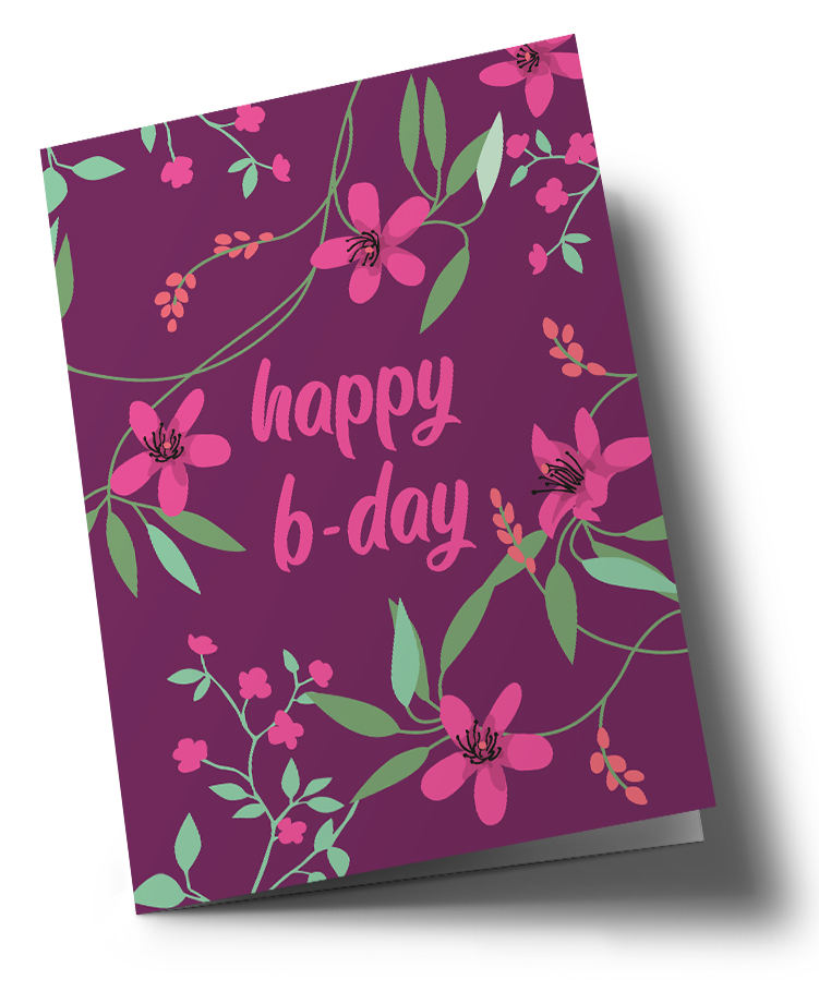 Klappkarte C6 - Happiness - Happy B-day mit pink Blüten